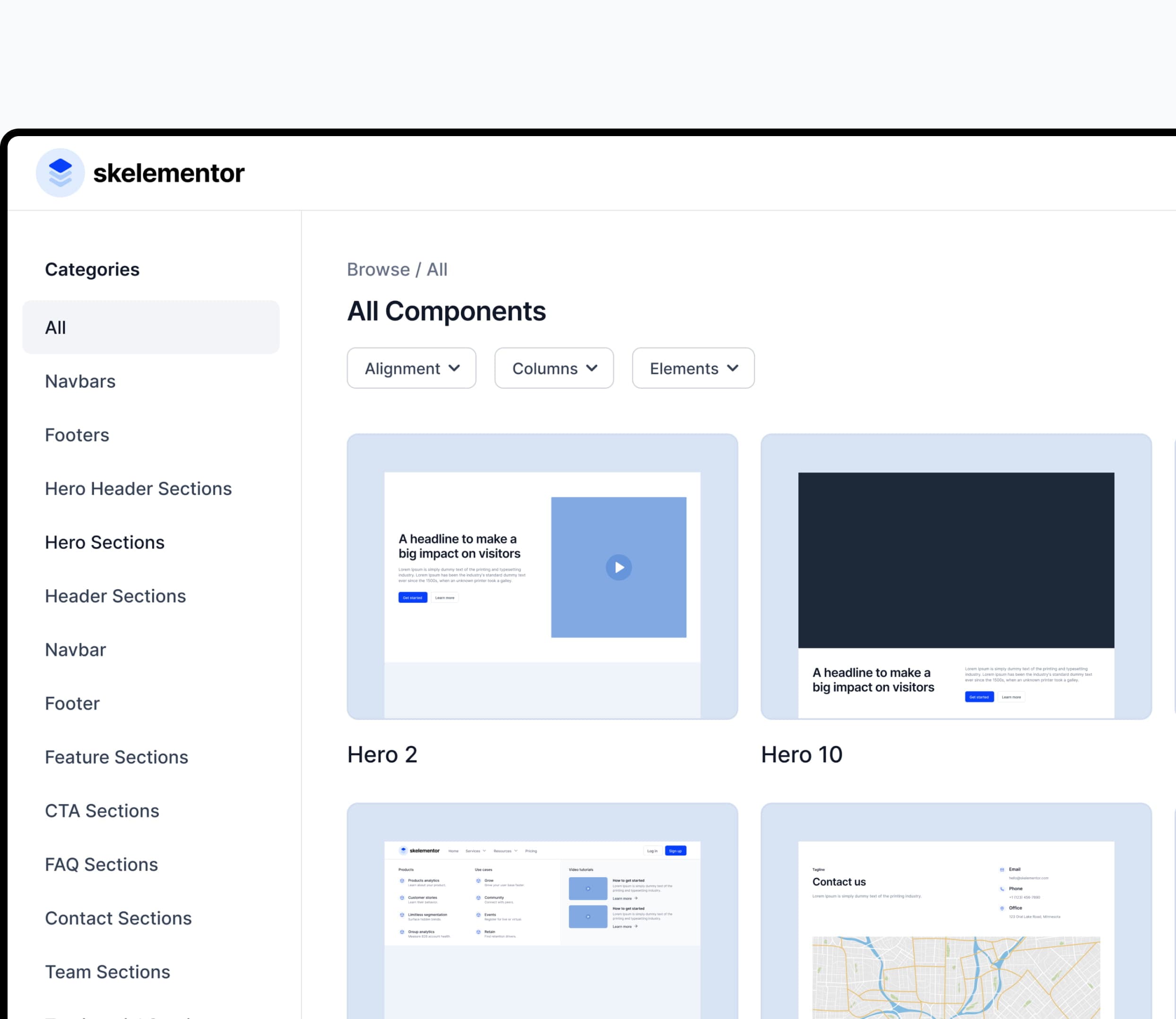 Skelementor component library interface preview